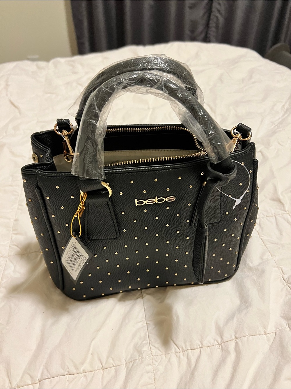 bebe Black Studded Top-Handle Satchel with Gold Hardware
